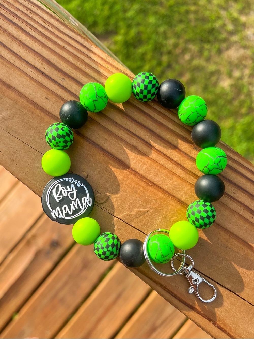 Bright Green & Black 'Boy Mama' Beaded Keychain Wristlet